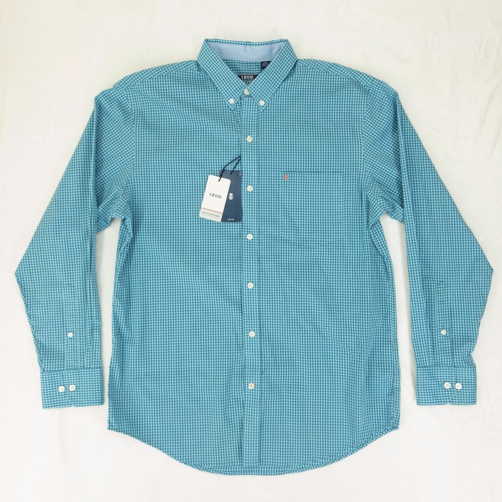 IZOD Button Down Shirt Mens Medium Blue Gingham Sportflex Non Iron Stretch New